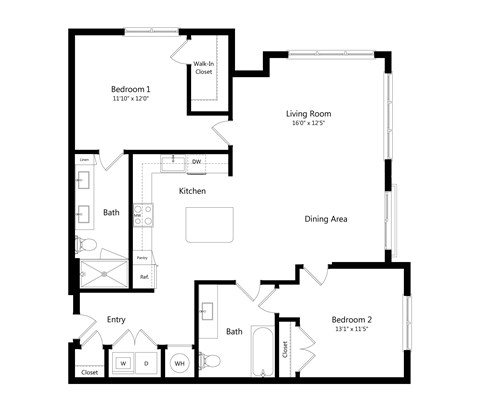 Floor plan for 2 beds, 2 baths, 1206 sqft